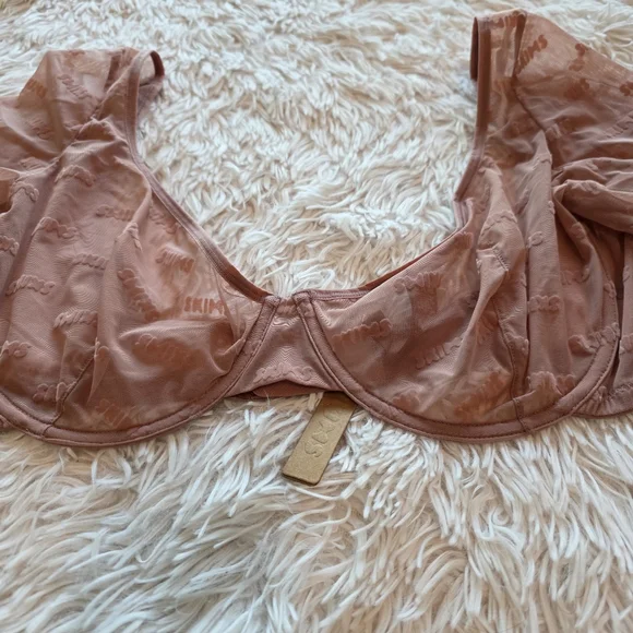 SKIMS After Hours Bra Top Long Sleeve Flocked Logo Mesh  ROSE CLAY 3X - Picture 5 of 13